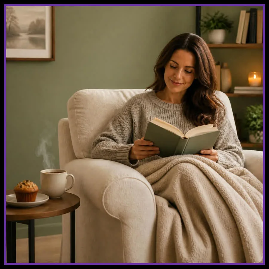Woman reading a book in a cozy armchair with tea and a muffin